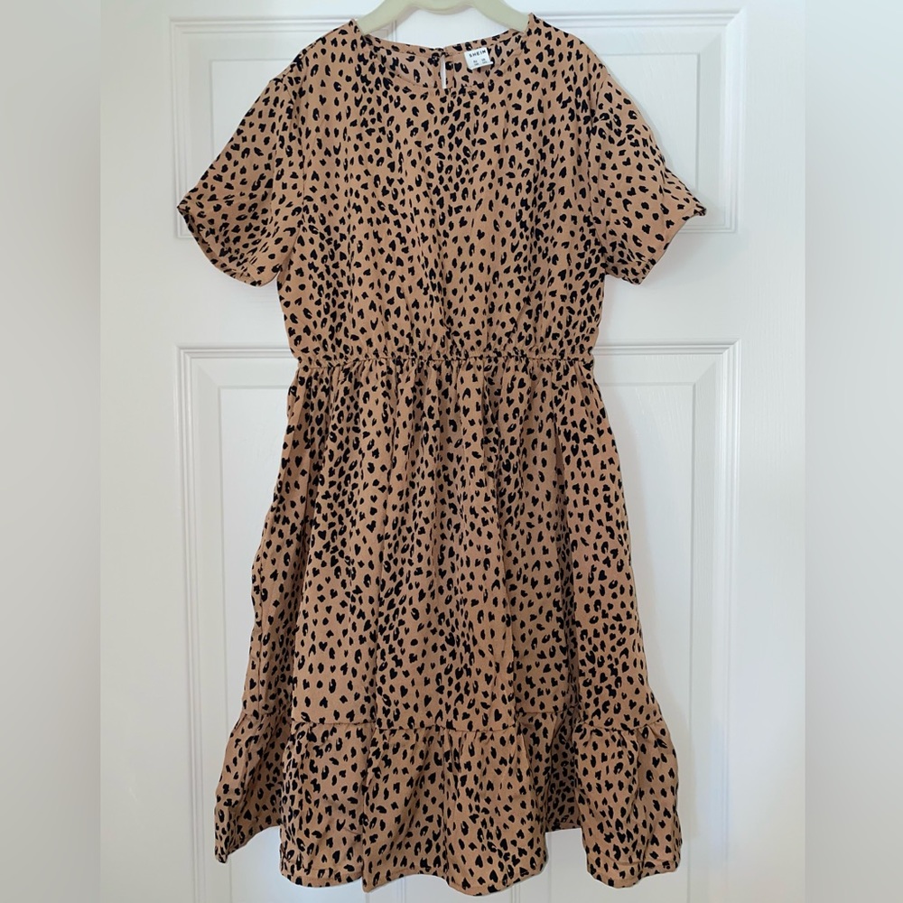 camel colored knee length dress with black print - new